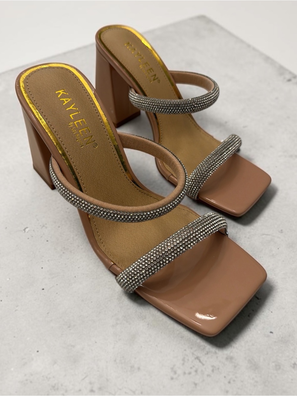 KAYLEEN By Los Angeles Nude Patent Block Heels with Crystal Double Straps